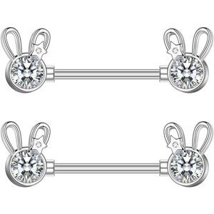 14G Cute Rabbit Nipple Rings Stainless Steel Cubic Zirconia Crystal Bunny Tongue